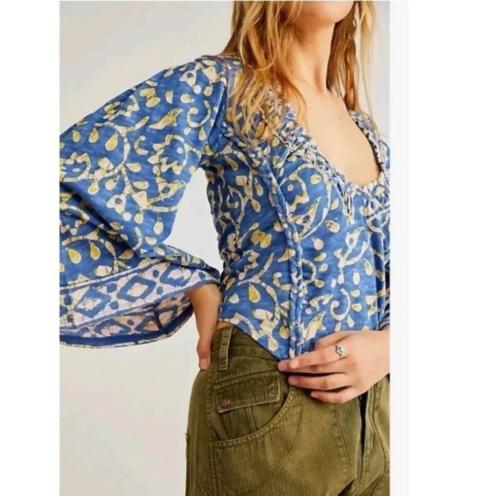 Free People Top On The Block Small Blue Cotton Batik Print Smocked Wide‎ Sleeve